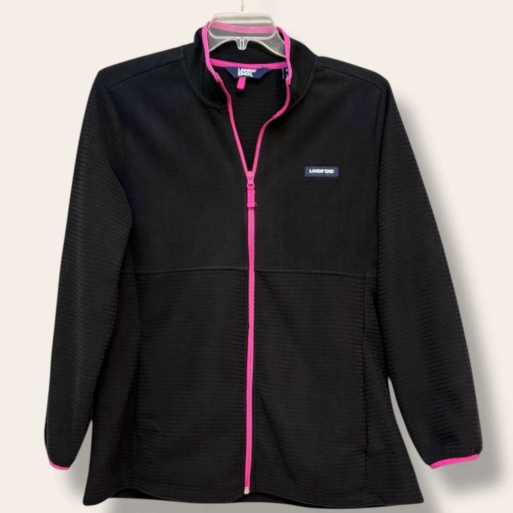 Lands’ End Grid Fleece Jacket Full Zip XXL 20 Black Pink Trim